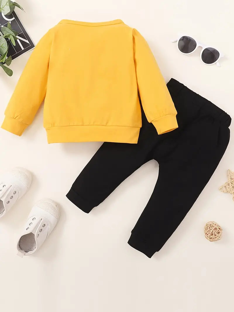 "MINI BOSS" Boys Color Block Letter Print Pullover Top + Pants Set Baby Clothes
