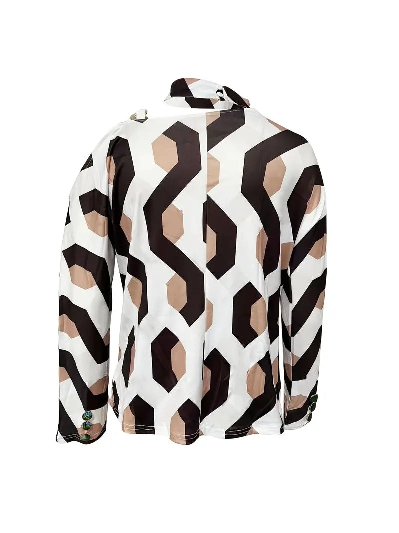 Color Block Off Shoulder Halter Neck Pullover, Long Sleeve Blouse