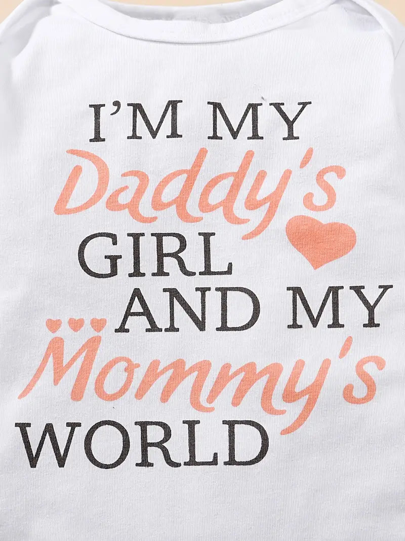 I'M MY DADDY'S GIRL AND MY MOMMY'S WORLD Baby Girl Clothes Baby Romper +Pants + Headband + Hat Outfit Set