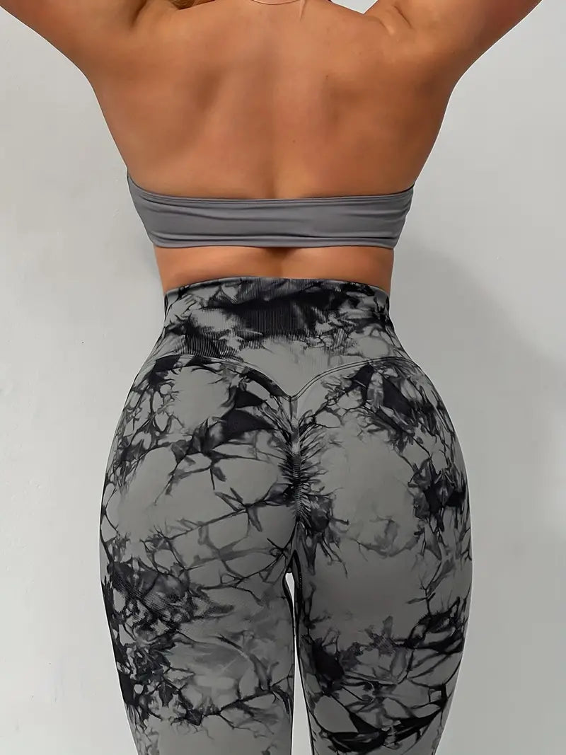 Butt-Lifting Fitness Yoga Pants, Stretchy High Waist Slimming Leggings, Marble / Tie Dye Pattern