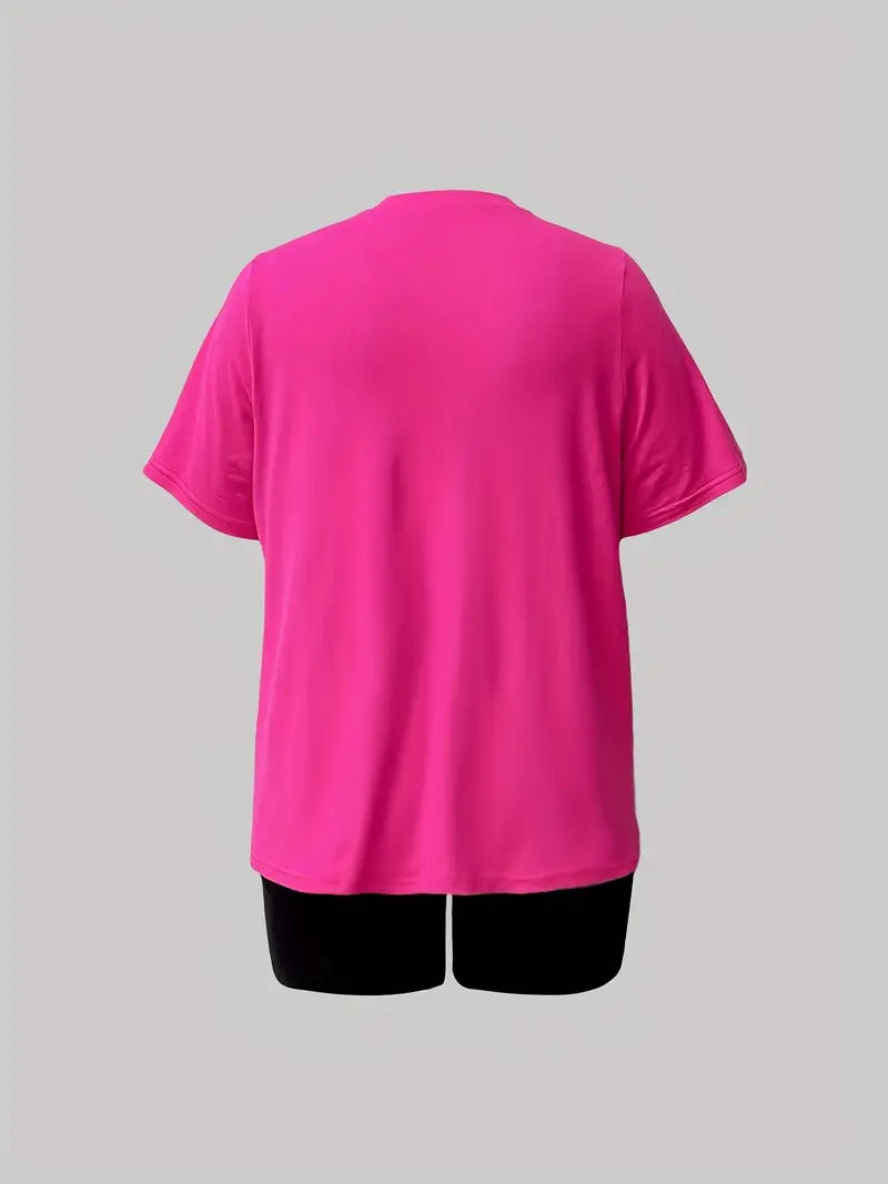 PINK - Women's Plus Leopard Letter Print Short Sleeve T-shirt & Shorts 2pc Set