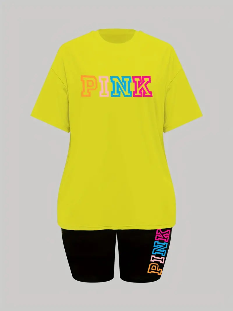PINK - Stylish Letter Print Two-piece Set, Crew Neck, Drop Shoulder Short Sleeve T-shirt & Bodycon Shorts Set