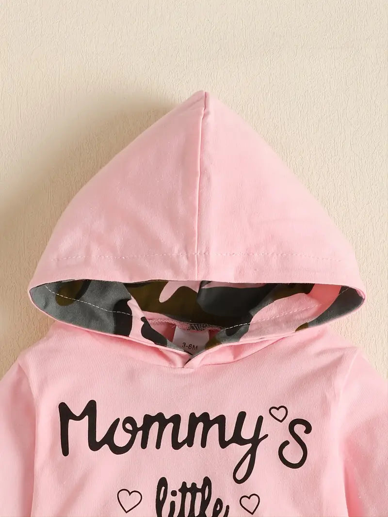 "Mommy's Little Girl" Camouflage Hooded Sweater + Hairband Three-piece Set, Baby Girls Casual Set