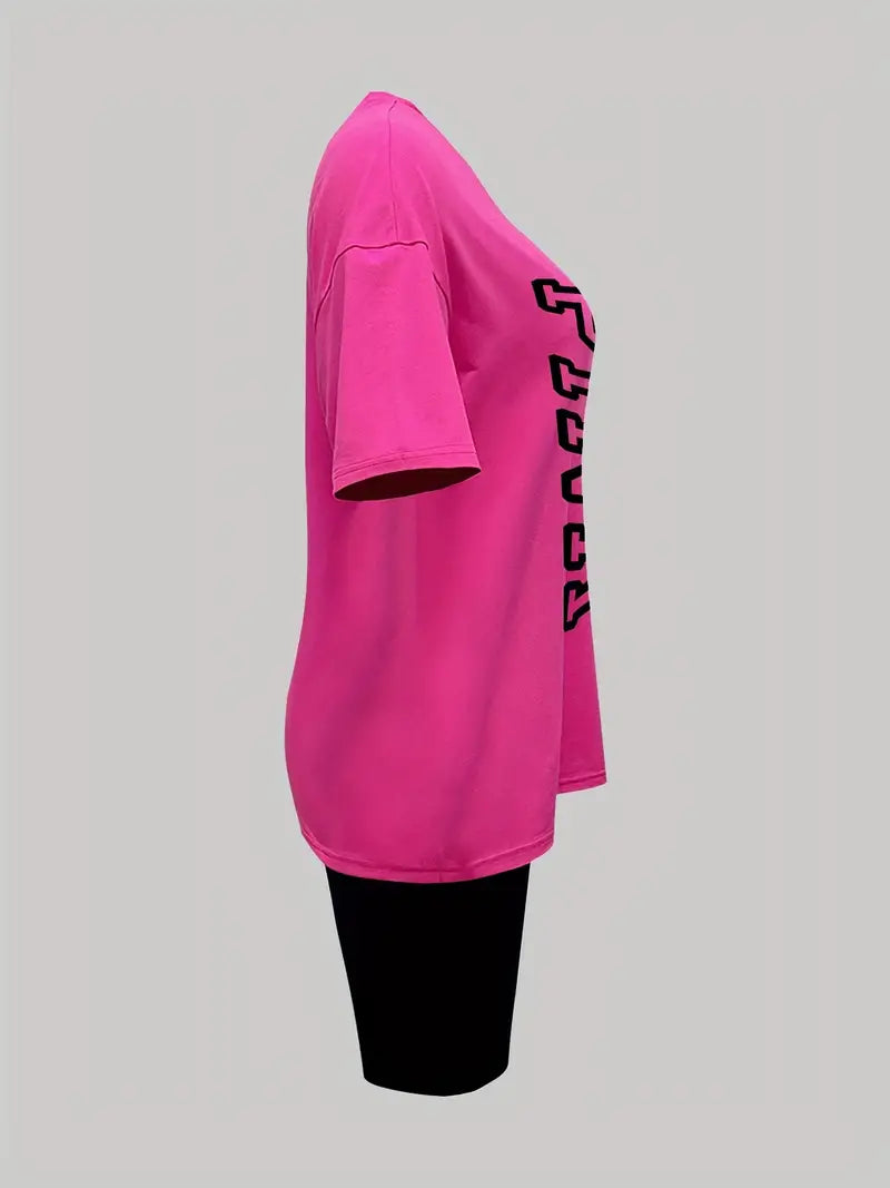 PINK - Letter Print, Short Sleeve Drop Shoulder Casual T-Shirt & Shorts 2pc Outfit.