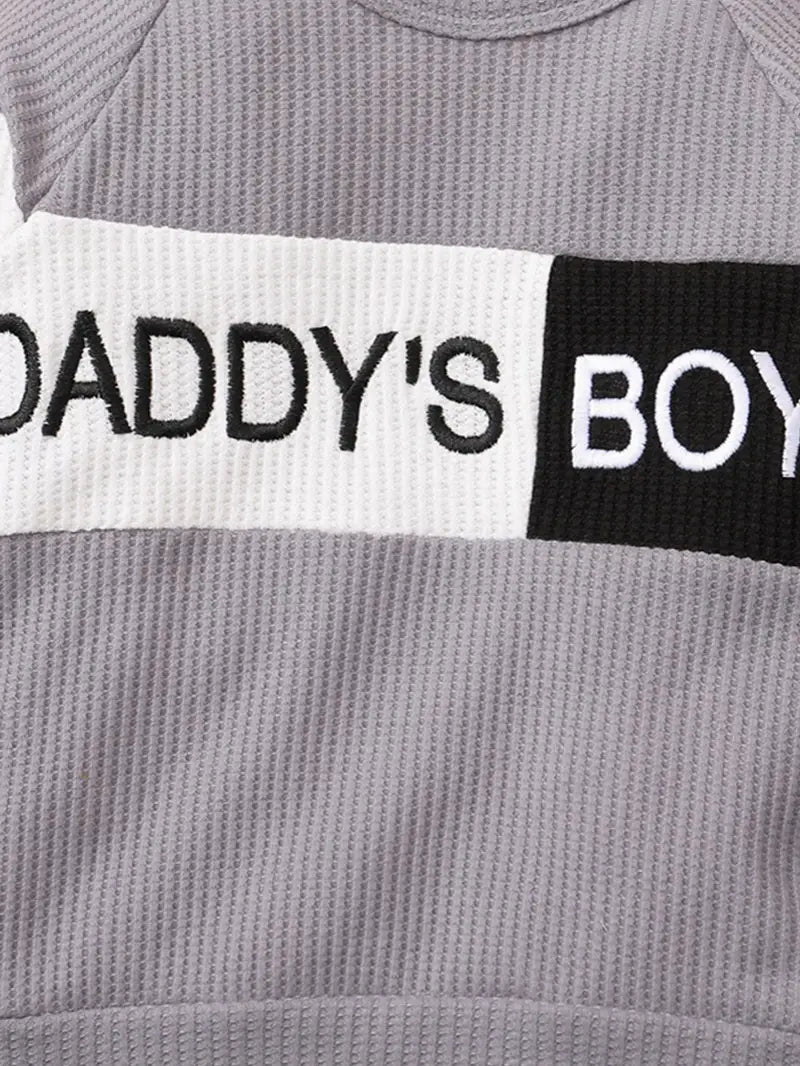 "DADDY’S BOY" 2pcs Color block Long-Sleeve Sweatshirt + Matching Drawstring Pants Set Kids Clothes (Light Thermal)