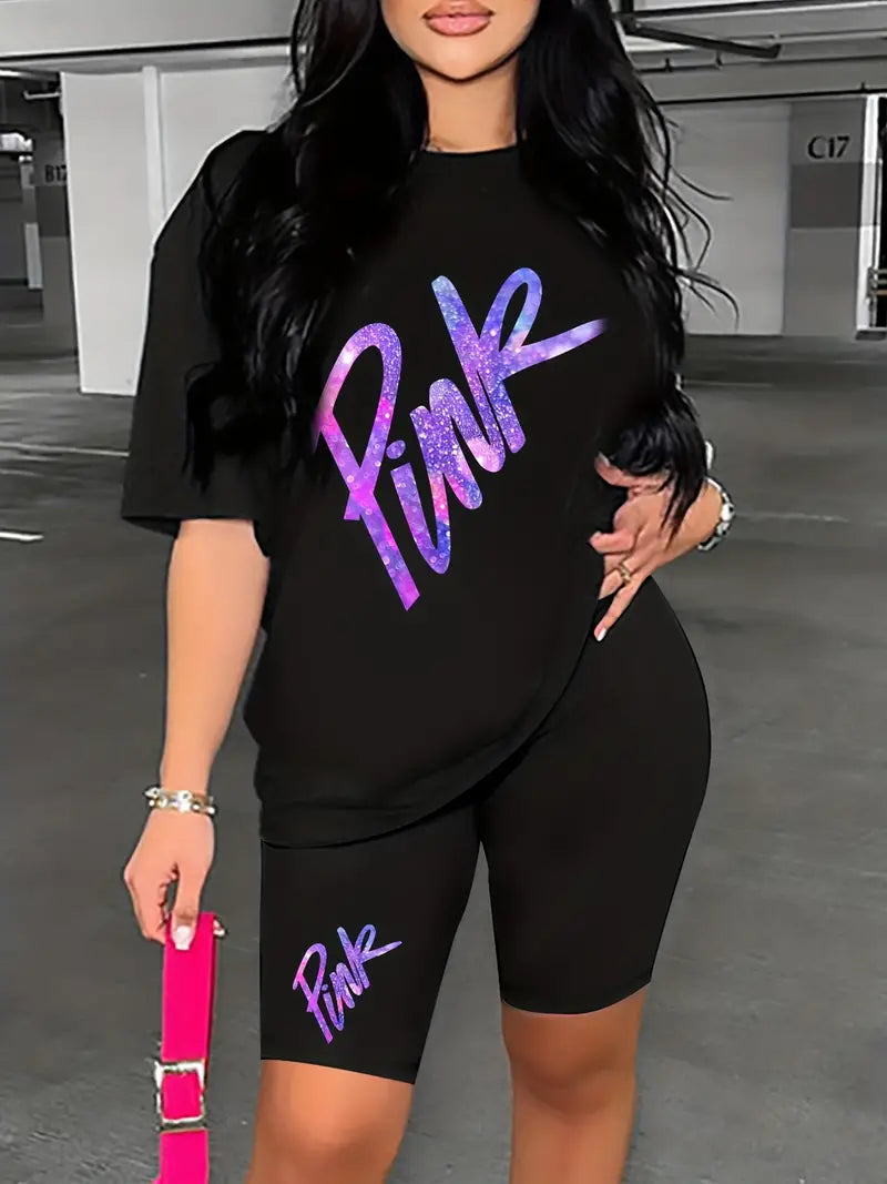PINK Drop Shoulder Letter Print Short Sleeve Casual T-Shirt & Shorts 2pc Outfits for Spring & Summer, Women's Clothing