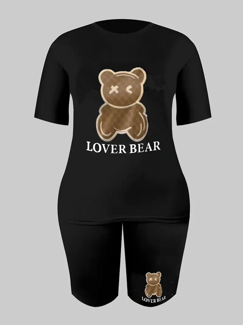 Cute Bear Print Two-piece Set, Casual Short Sleeve T-shirt & High Waist Shorts Outfit