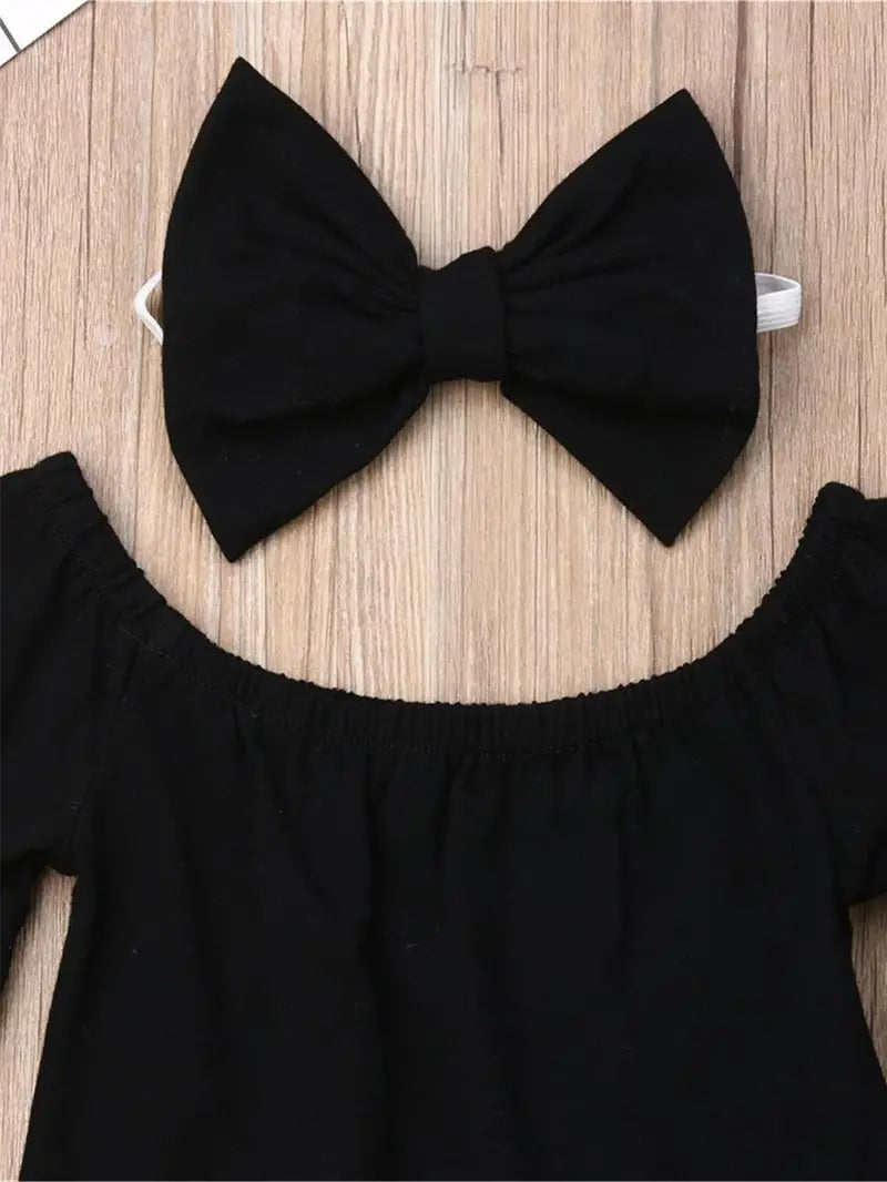 Toddler Girls Off Shoulder Top & Jeans with Leopard Belt & Headband 4pcs/set