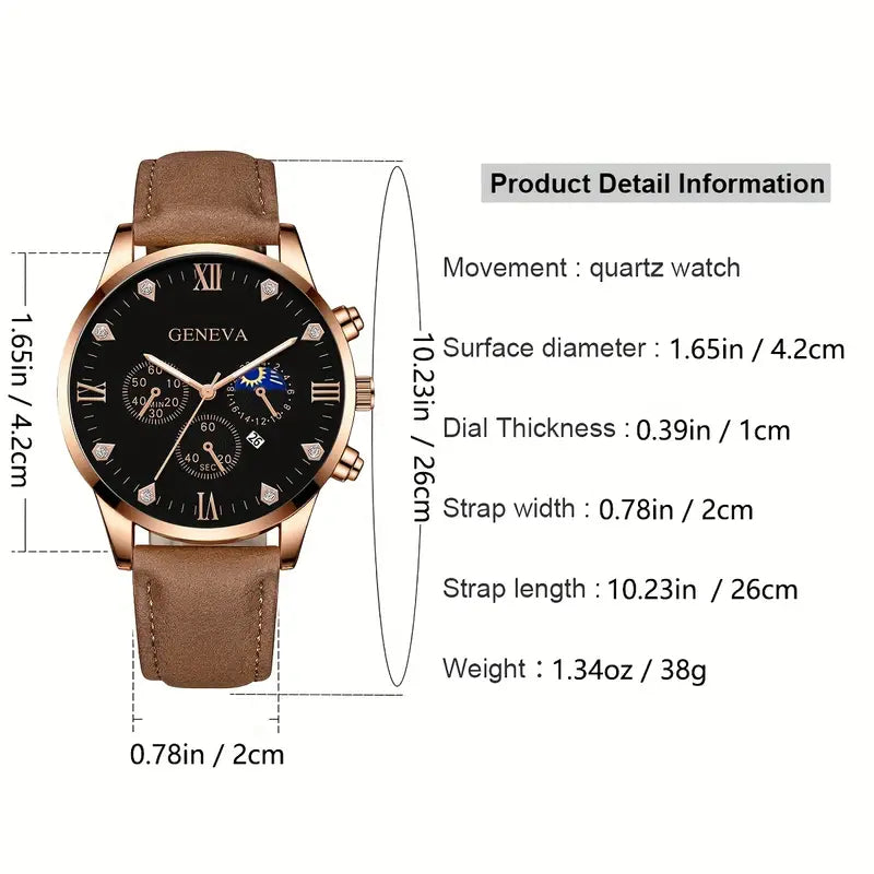 Men's Fashion Simple Belt Calendar Business Watch+3pcs Bracelet Life Tree Set