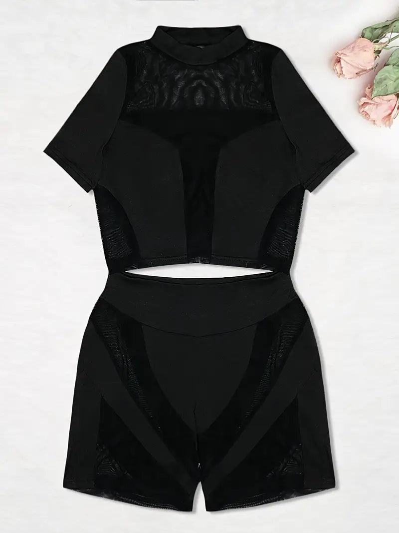 Solid Mesh Two Piece Set, Short Sleeve Crew Neck Top & High Waist Skinny Short