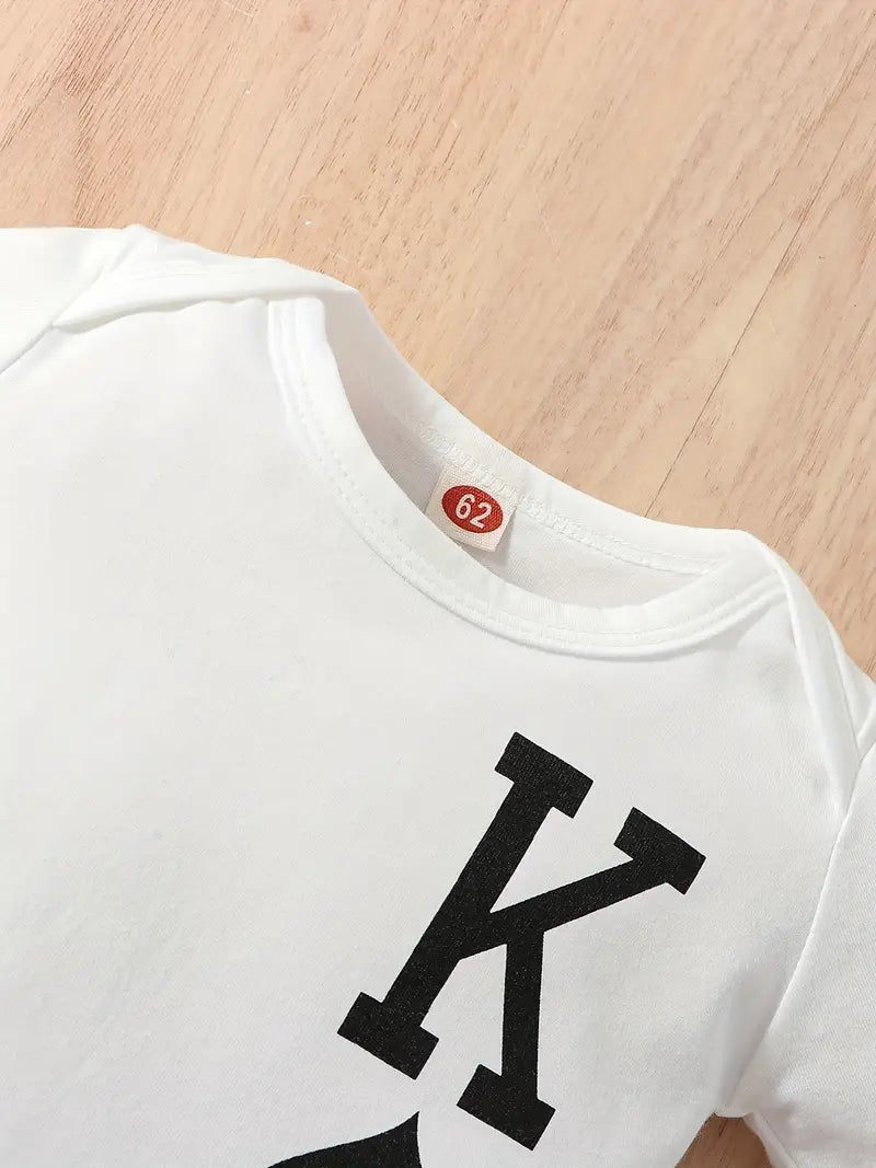 "K” Graphic Bodysuit Onesie Long Sleeve & Elastic Waist Graphic Pants & Hat Set, 3pcs Toddler