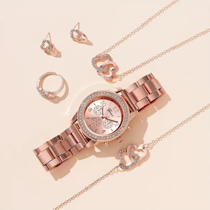 6-Piece Set: Women's Quartz Watch & 5 Heart-Shaped Rhinestone Jewelry Pieces