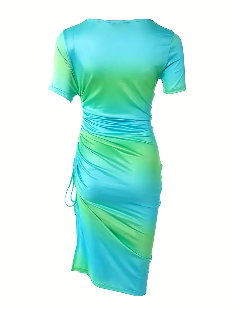 Ombre Print Bodycon Dress, Random Print Short Sleeve Drawstring Casual Dress for Summer & Spring, Women's Clothing