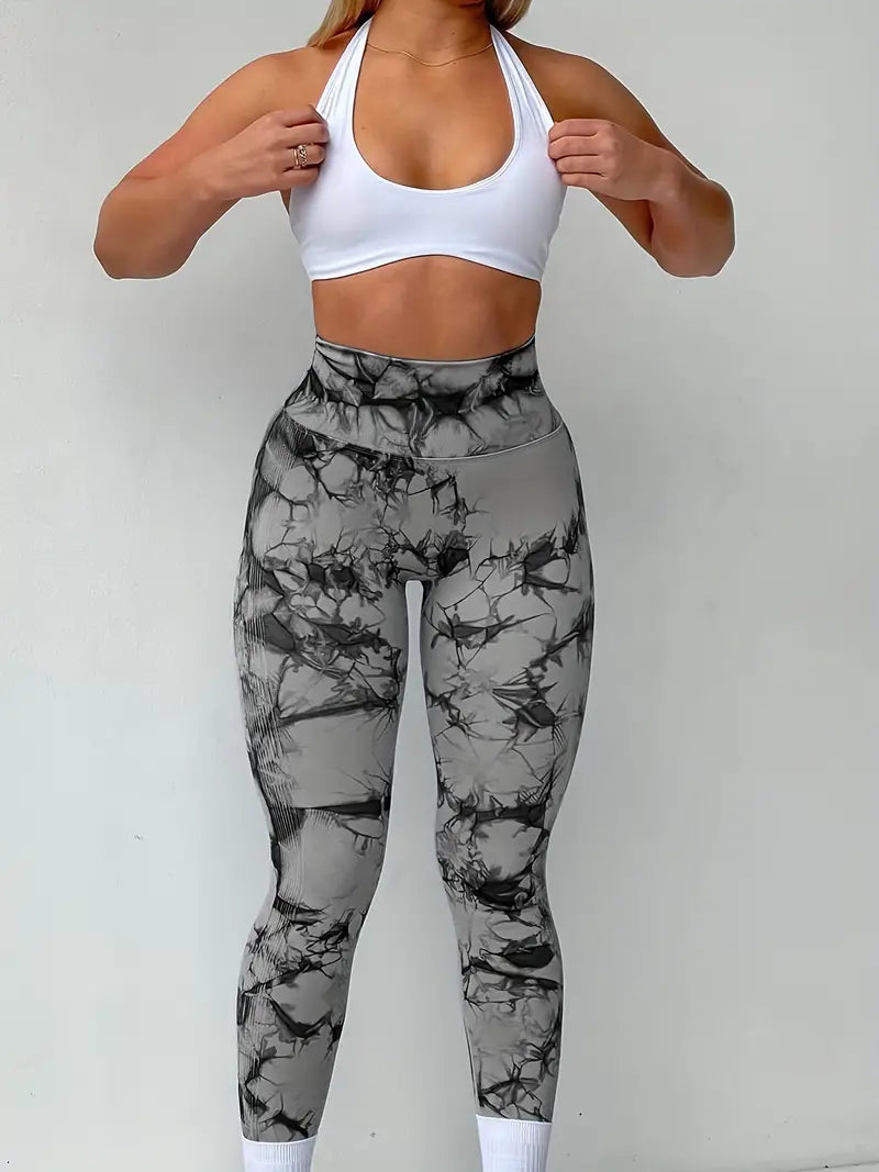 Butt-Lifting Fitness Yoga Pants, Stretchy High Waist Slimming Leggings, Marble / Tie Dye Pattern