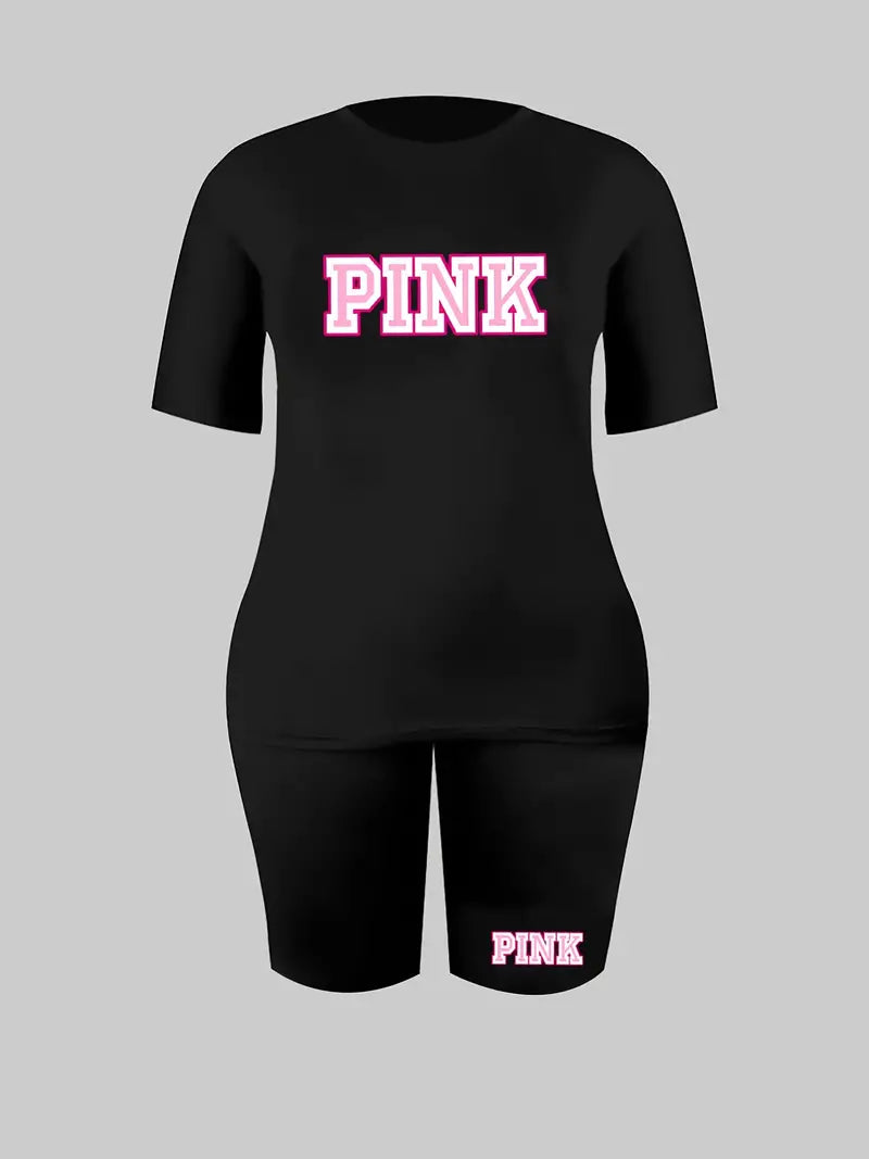 PINK - Women's Plus Letter Print Short Sleeve T-shirt & Biker Shorts 2pcs Set.