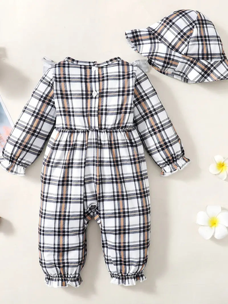 Baby Plaid Bowknot Decor Jumpsuit with Hat