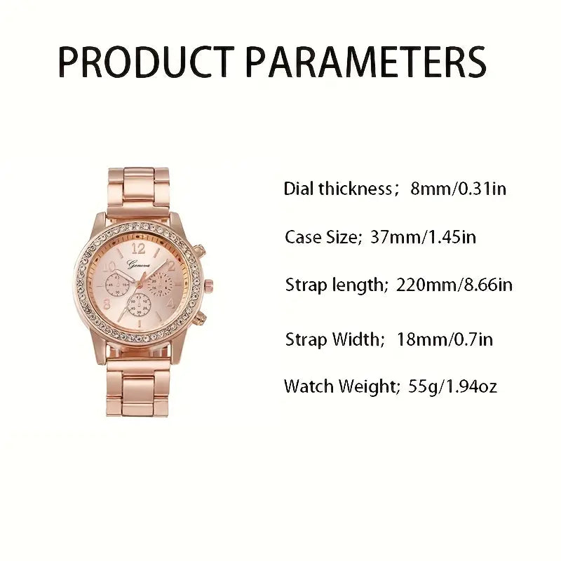 6-Piece Set: Women's Quartz Watch & 5 Heart-Shaped Rhinestone Jewelry Pieces