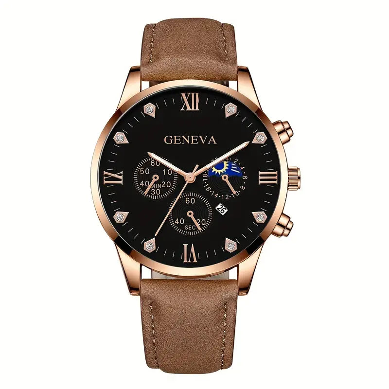 Men's Fashion Simple Belt Calendar Business Watch+3pcs Bracelet Life Tree Set