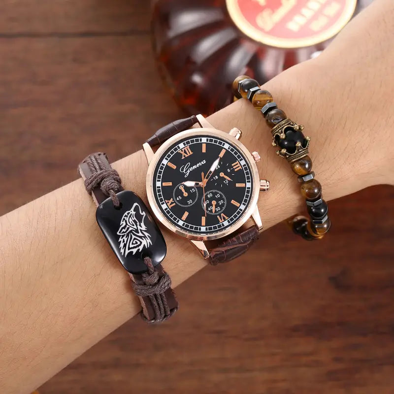 3pcs/set Men's Casual Analog Watch and Classic Bracelets Set (1 Watch+2 Bracelets with Wolf)
