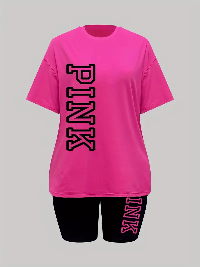 PINK - Letter Print, Short Sleeve Drop Shoulder Casual T-Shirt & Shorts 2pc Outfit.