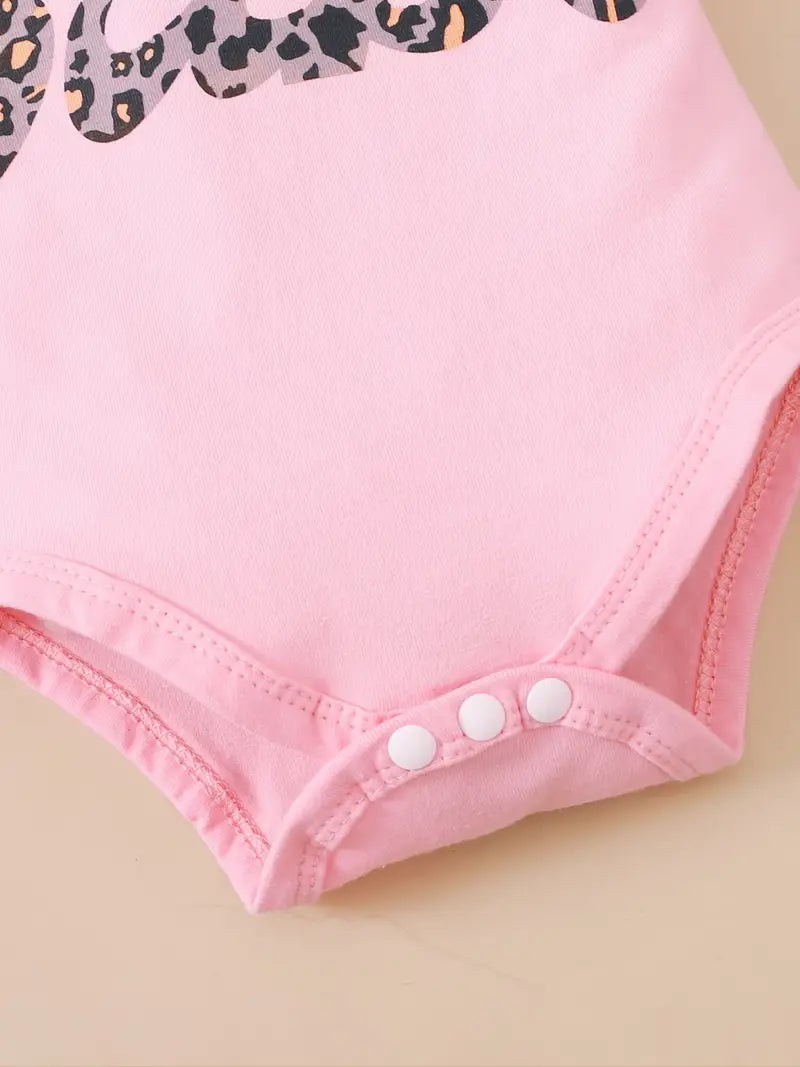 "Babe” Baby Girls Cotton Ruffle Short Sleeve Bodysuit + Matching Mesh Skirts + Headband with Leopard Print Baby Clothes