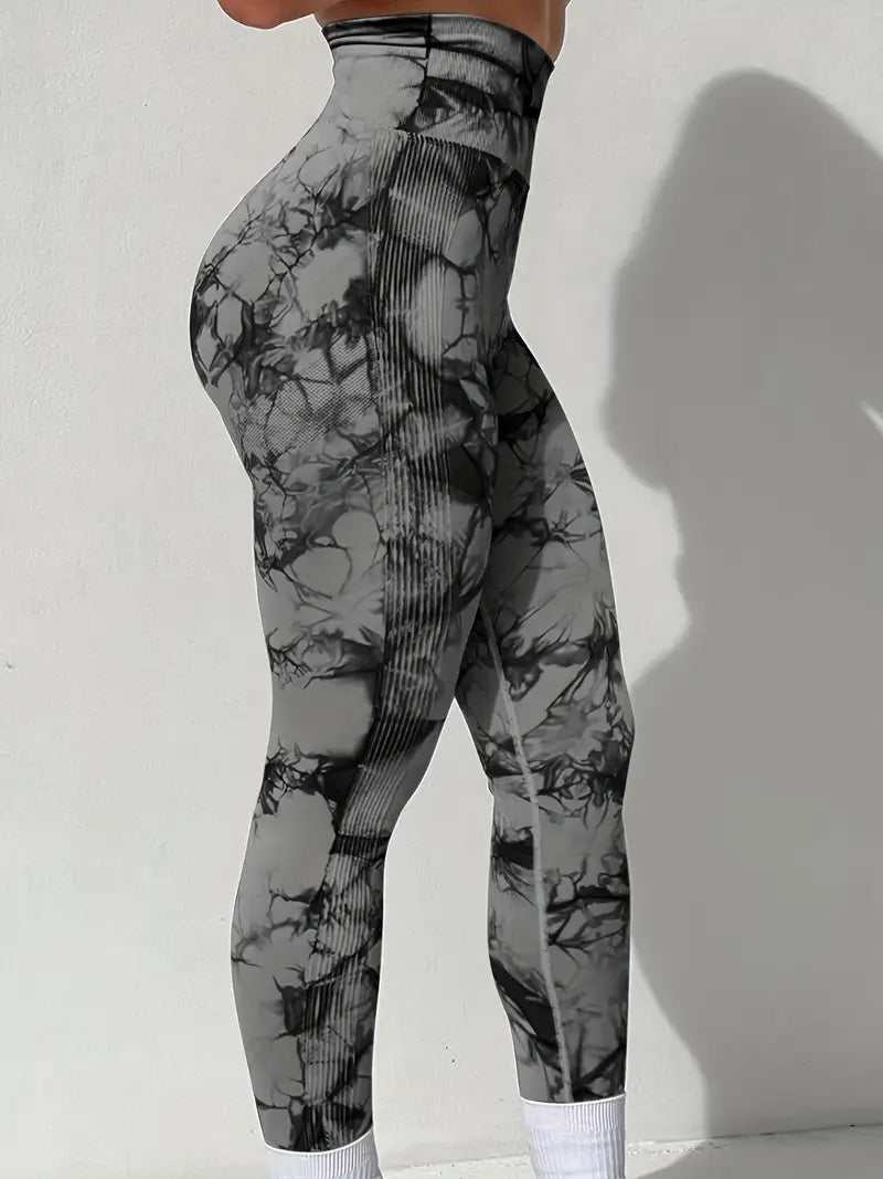 Butt-Lifting Fitness Yoga Pants, Stretchy High Waist Slimming Leggings, Marble / Tie Dye Pattern
