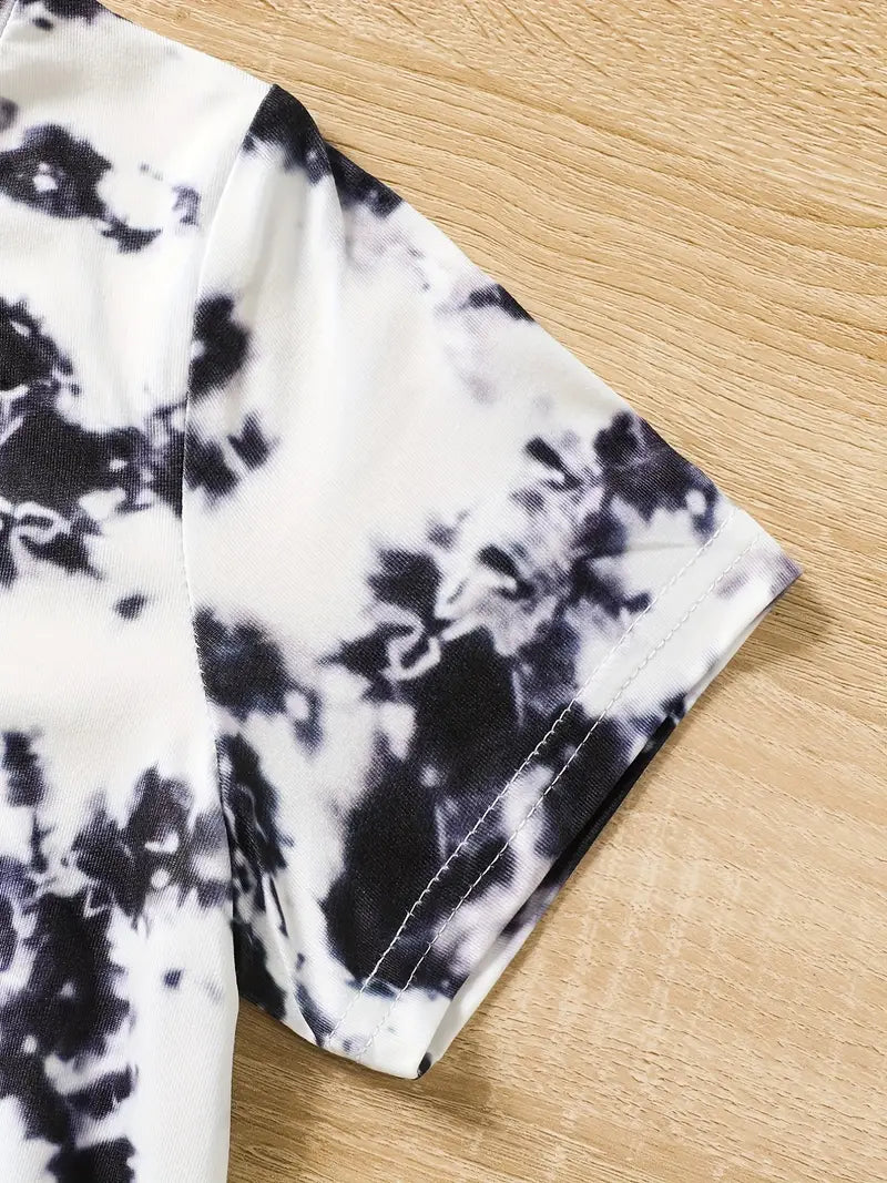 #KIDLIFE Tie Dye Short Sleeve Tee Top & Elastic Waist Shorts Set, 2pcs Girls Round Neck T-Shirt
