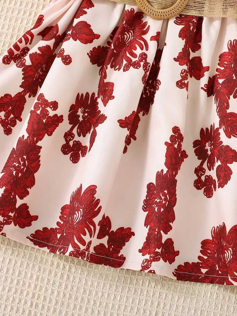 Sleeveless Ruffle Crew Neck Flowers Print Splicing Princess Dress with Belt, Kids Summer Clothes