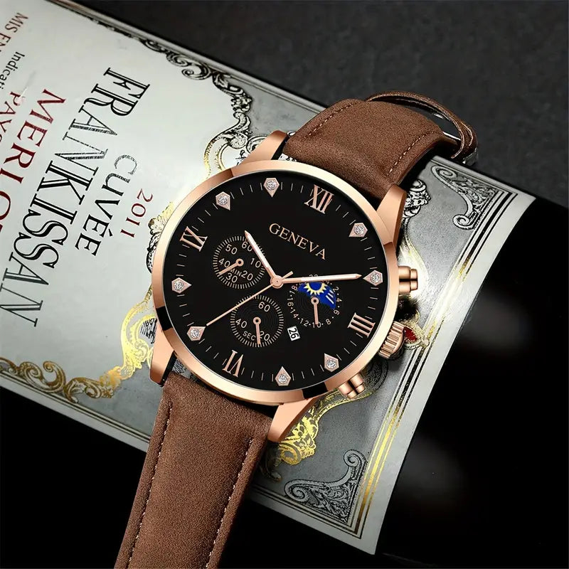 Men's Fashion Simple Belt Calendar Business Watch+3pcs Bracelet Life Tree Set