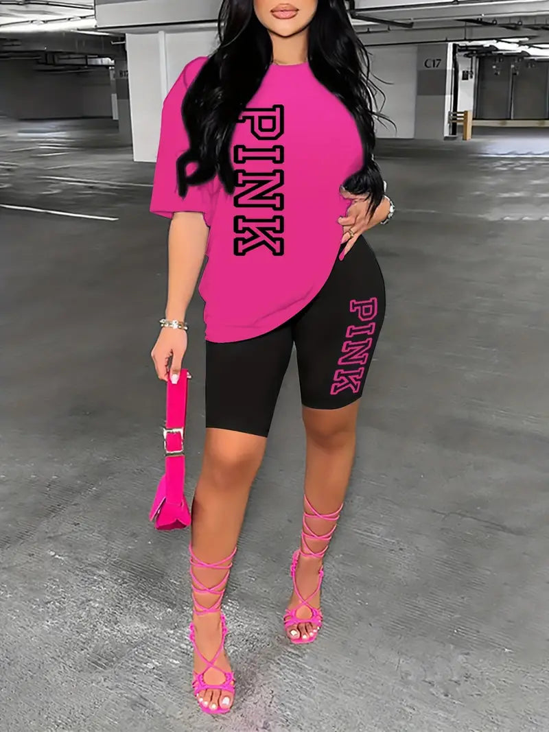 PINK - Letter Print, Short Sleeve Drop Shoulder Casual T-Shirt & Shorts 2pc Outfit.