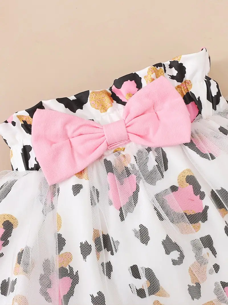 "Babe” Baby Girls Cotton Ruffle Short Sleeve Bodysuit + Matching Mesh Skirts + Headband with Leopard Print Baby Clothes