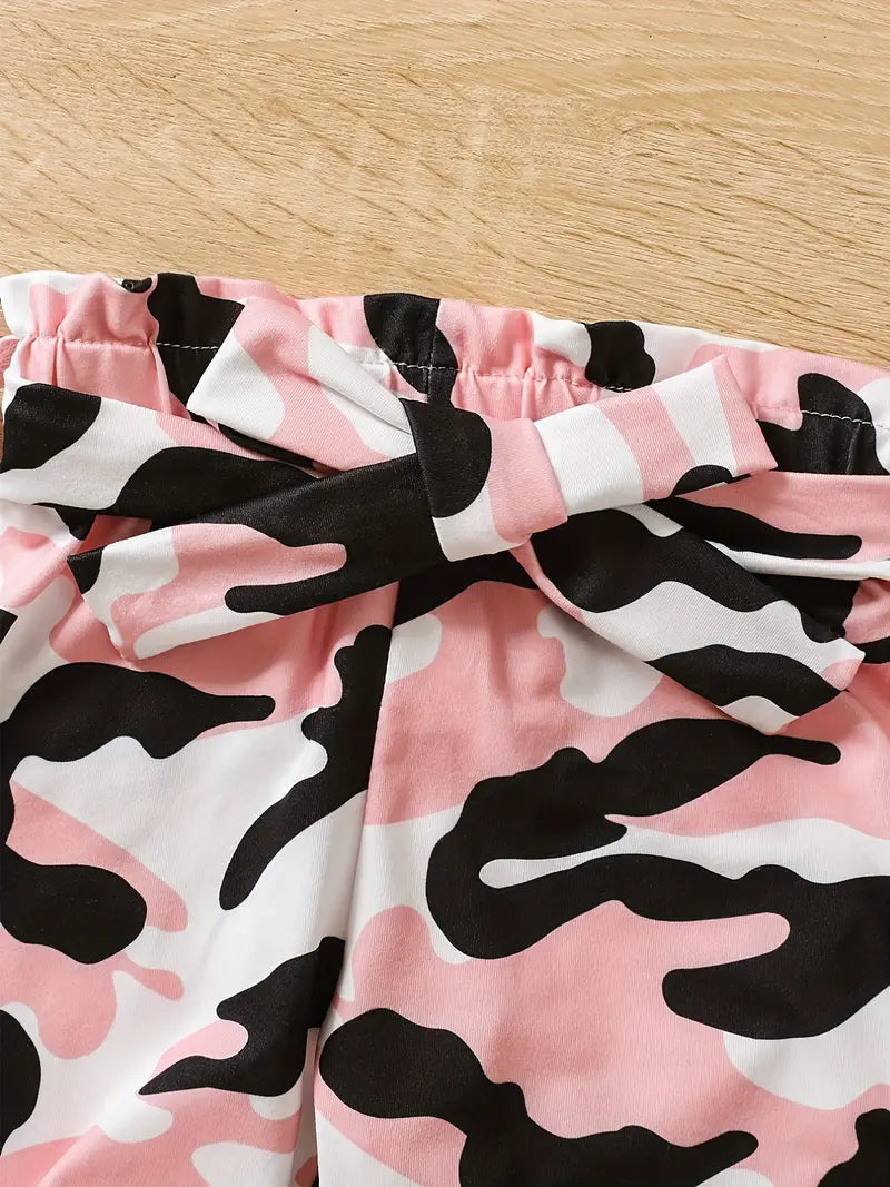 "Sorry DADDY" Print & Camouflage Print Pants & Bow Headband Set, Baby Girls Cute Casual Romper