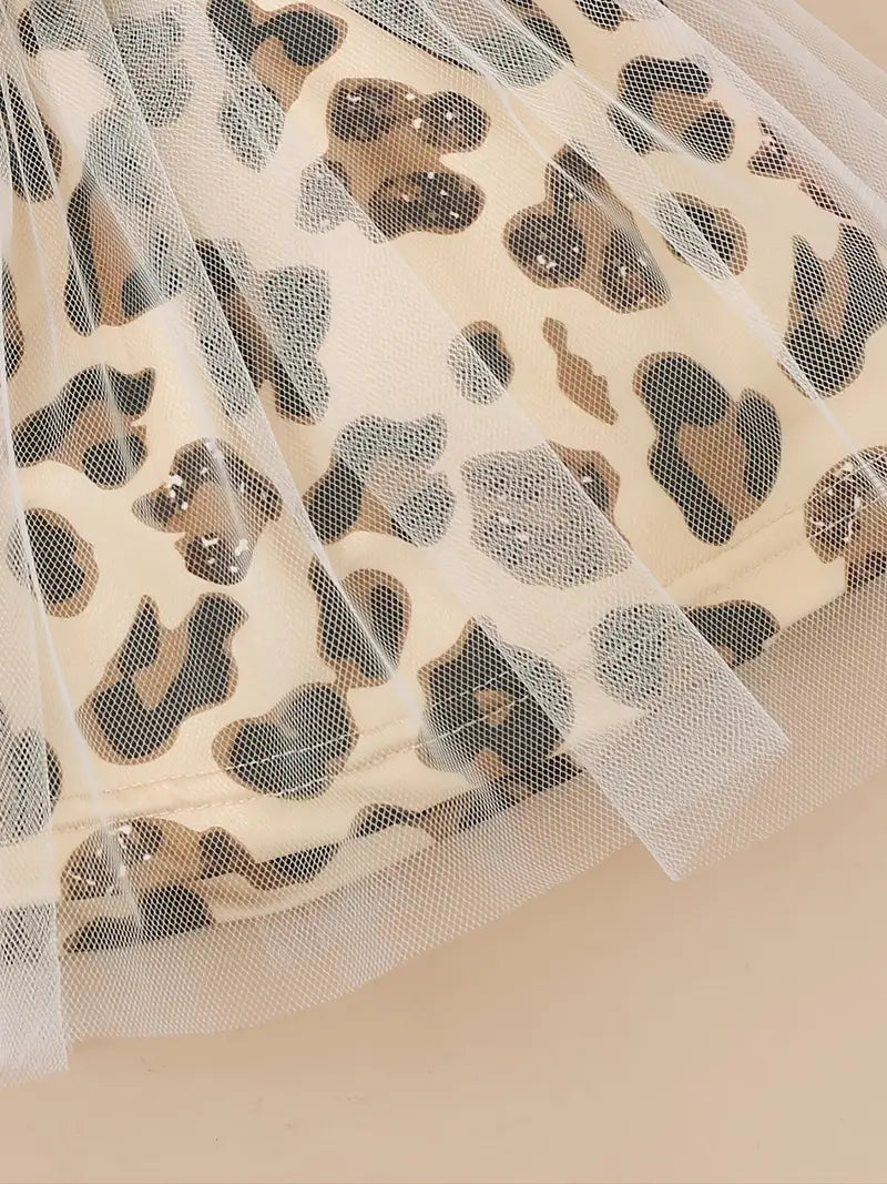 "Babe” Baby Girls Cotton Ruffle Short Sleeve Bodysuit + Matching Mesh Skirts + Headband with Leopard Print Baby Clothes