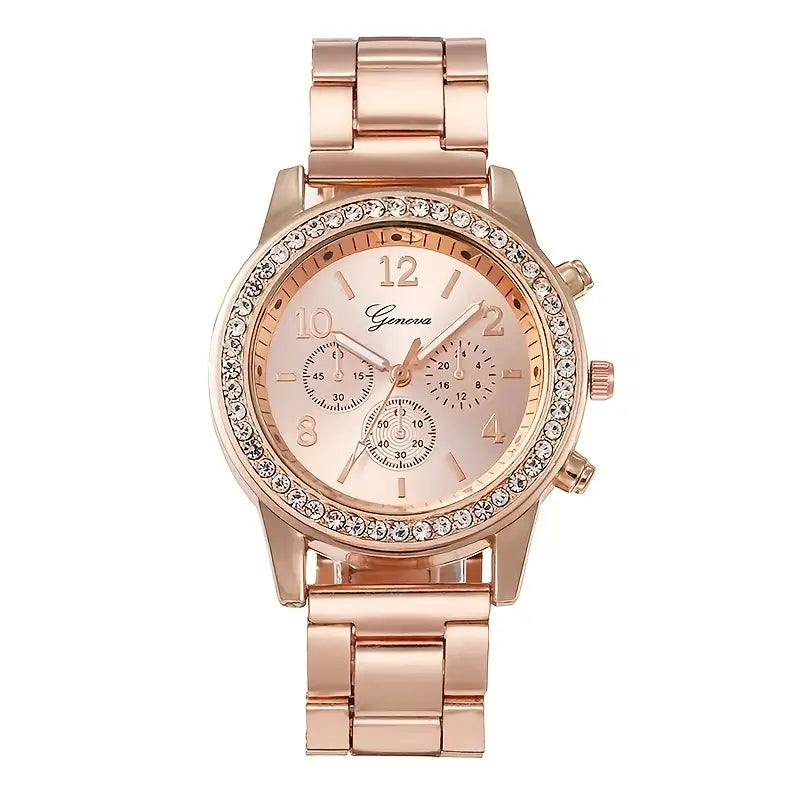 6-Piece Set: Women's Quartz Watch & 5 Heart-Shaped Rhinestone Jewelry Pieces