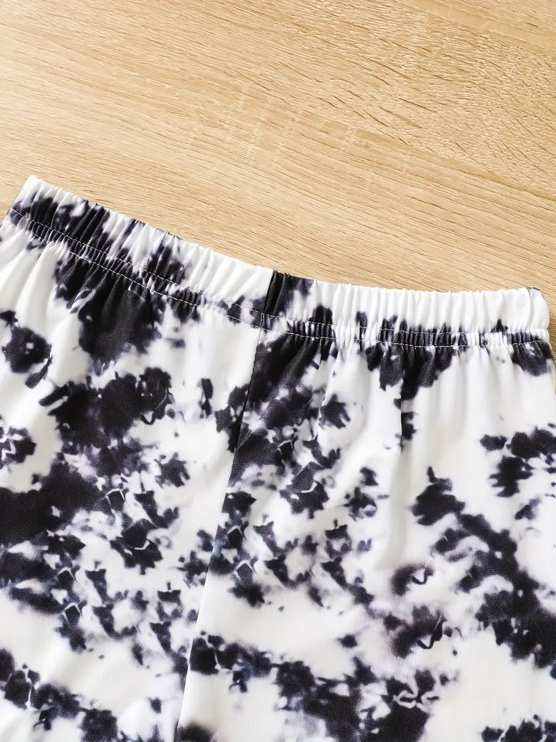 #KIDLIFE Tie Dye Short Sleeve Tee Top & Elastic Waist Shorts Set, 2pcs Girls Round Neck T-Shirt