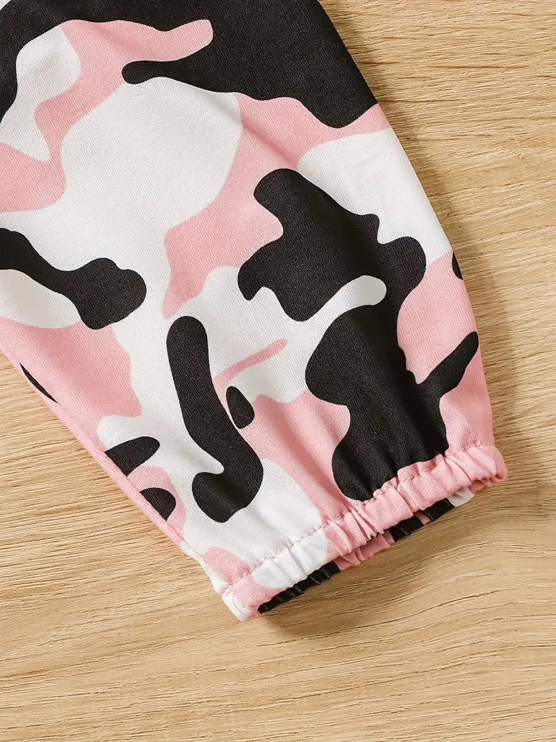 "Sorry DADDY" Print & Camouflage Print Pants & Bow Headband Set, Baby Girls Cute Casual Romper