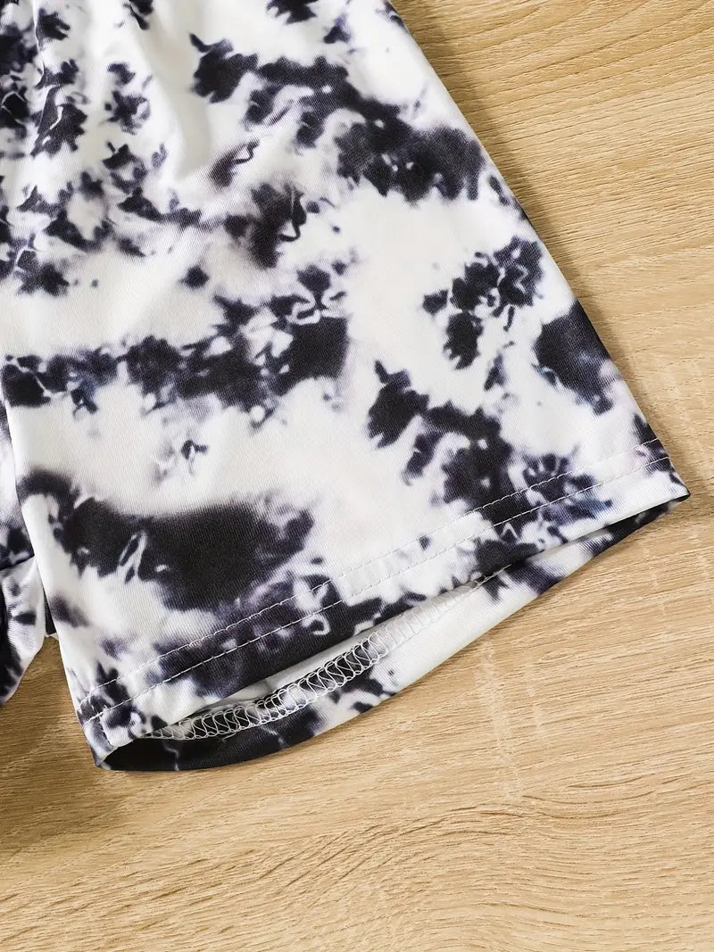#KIDLIFE Tie Dye Short Sleeve Tee Top & Elastic Waist Shorts Set, 2pcs Girls Round Neck T-Shirt