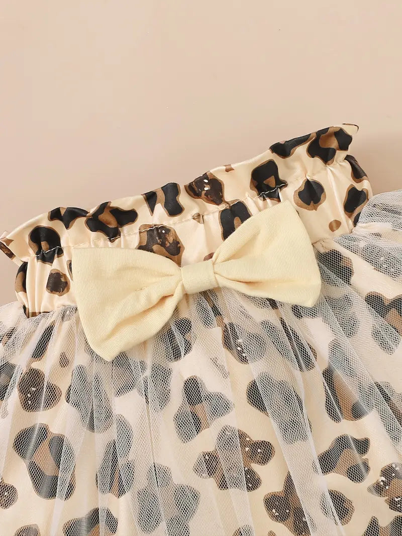"Babe” Baby Girls Cotton Ruffle Short Sleeve Bodysuit + Matching Mesh Skirts + Headband with Leopard Print Baby Clothes