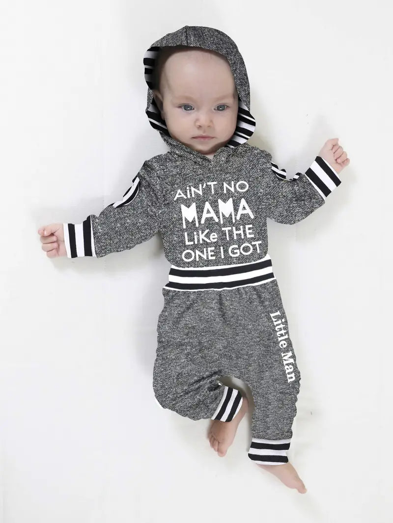 “Aint No Mama Like the One I Got” Baby Boys Casual Striped Letter Print Hooded Romper & Pants