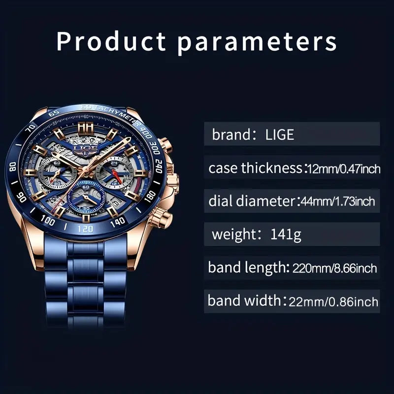 LIGE Waterproof Watch for Men Top Brand Luxury Men Watch Fashion Business Sports Quartz Chronograph Wristwatches Hollowed Out Chronograph Watch