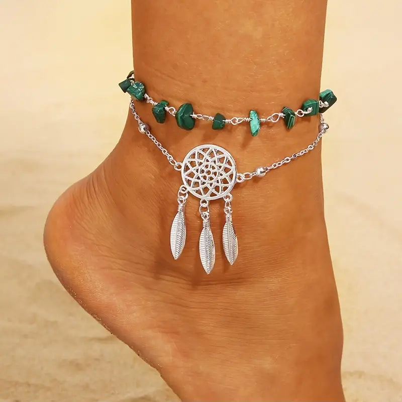 Hollow Dreamcatcher Irregular Green Turquoise Anklet