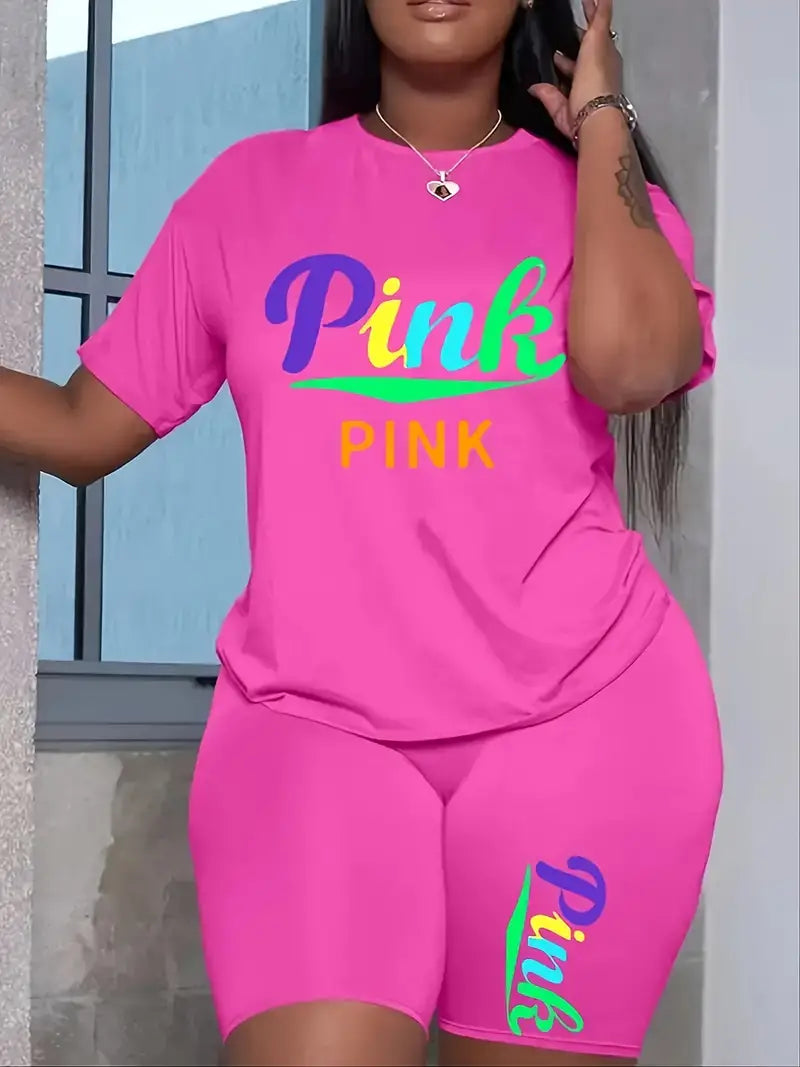 PINK - Stylish Letter Print Two-piece Set, Crew Neck Short Sleeve T-shirt & Bodycon Shorts Set