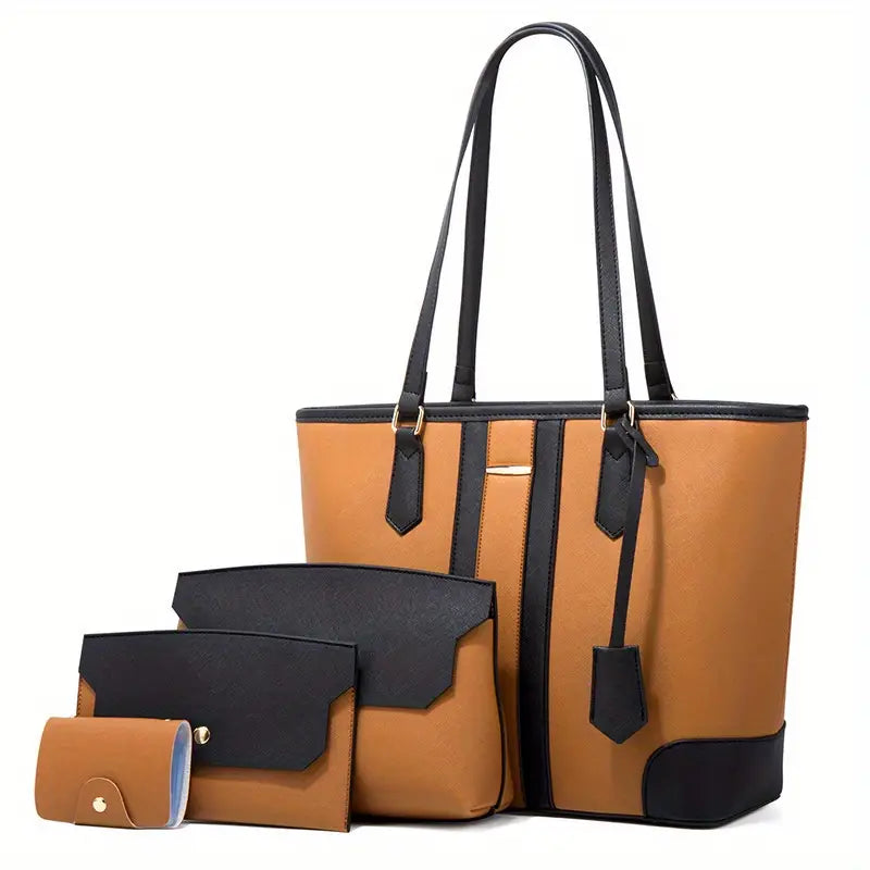 Faux Leather Tote Bag Set, Women's Fashion Tote Bag & Shoulder Bag & Clutch Bag & Card Holder (BROWN BLACK)