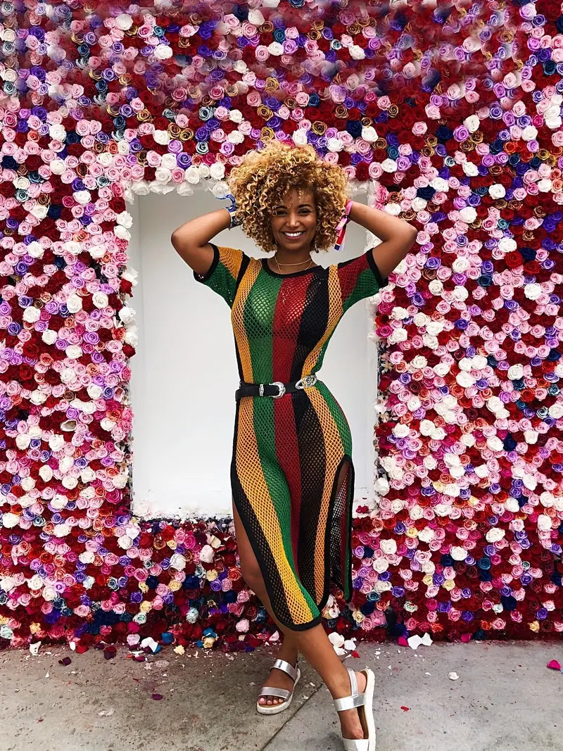 Color Block Cut Out Split Dress, Sexy Beach Wear Short Sleeve Dress