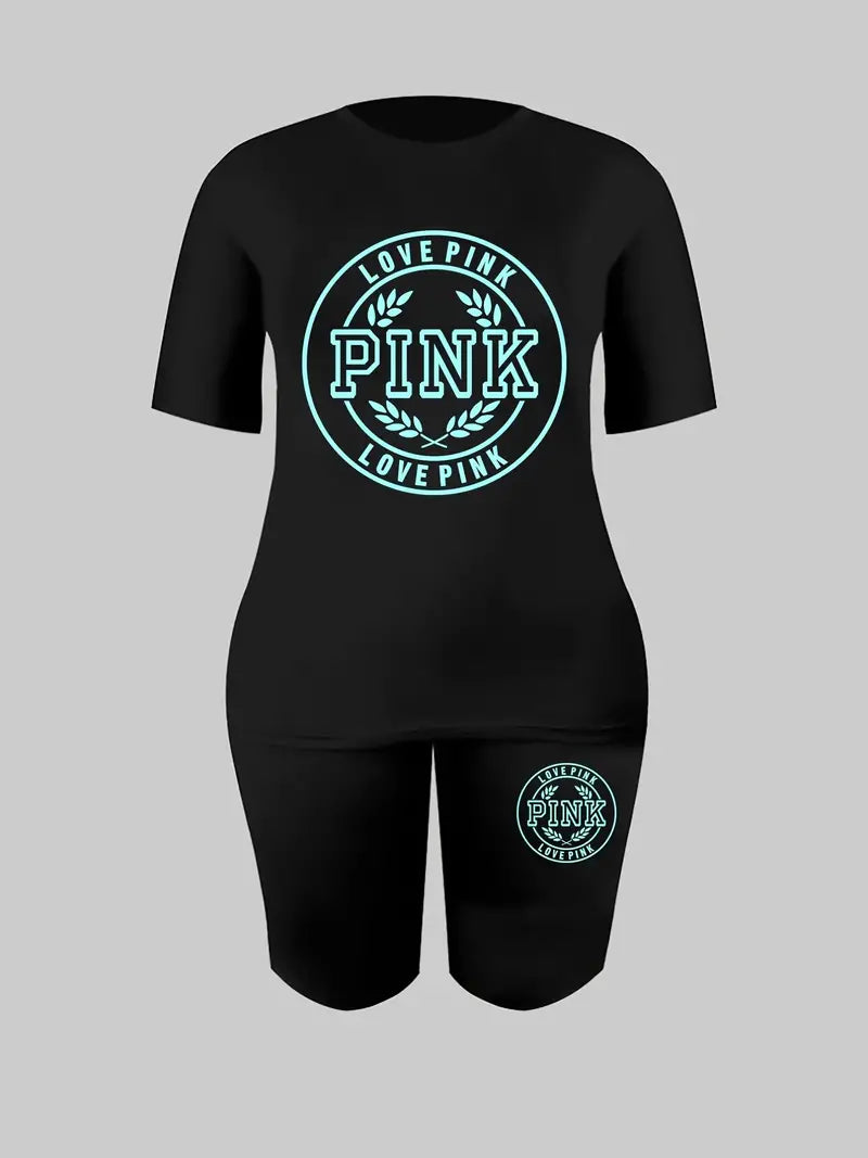 PINK - Women's Plus Size, Letter Print High Stretch Sporty Short Sleeve T-shirt & Shorts 2pcs Set
