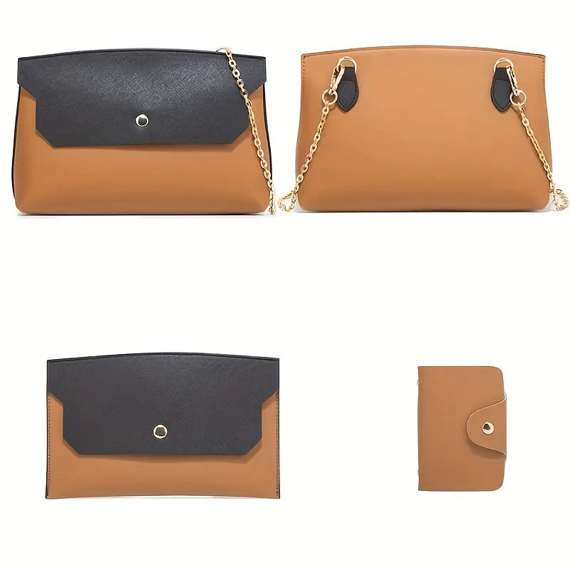 Faux Leather Tote Bag Set, Women's Fashion Tote Bag & Shoulder Bag & Clutch Bag & Card Holder (BROWN BLACK)