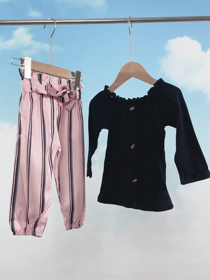 Load and play video in Gallery viewer, Off-The-Shoulder Long-Sleeve Top & Stripes Pants & Headband Set 3pcs Baby Girls