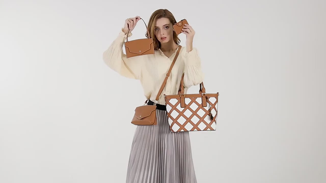 Load and play video in Gallery viewer, 4pcs Rhombus Pattern Tote Bag Set, Women's Shoulder Handbag & Crossbody Purse & Clutch Bag & Card Bag