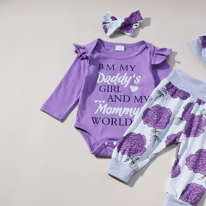 Load and play video in Gallery viewer, I'M MY DADDY'S GIRL AND MY MOMMY'S WORLD Baby Girl Clothes Baby Romper +Pants + Headband + Hat Outfit Set