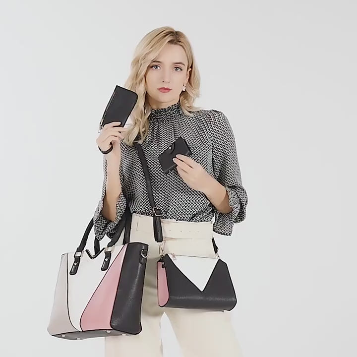 Load and play video in Gallery viewer, Faux Leather Tote Bag Set, Women's Fashion Tote Bag & Shoulder Bag & Clutch Bag & Card Holder (BLACK)